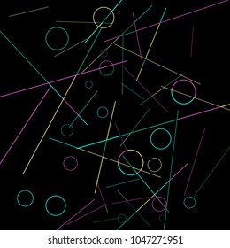 Geometric Memphis Background. Black and White Simple Pattern for Postcard, Print, Banner or Poster. Modern Abstract Background with Rings and Lines. Vector Texture in Trendy Minimalistic Style

