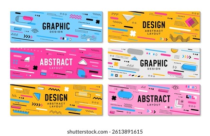 Geometric Memphis banners with abstract modern color shapes and elements, vector backgrounds. Memphis pattern banners set with retro geometric or Y2K isometric elements and minimal figures design