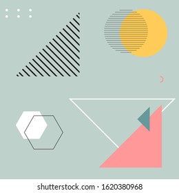 Geometric memphis design. Abstract geometric triangles background. Simple geometric background. Template for poster, backdrop, book cover, brochure, and vector illustration