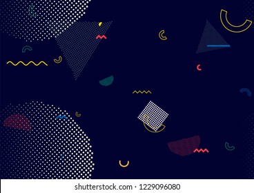 Geometric Memphis Design, Minimal Seamless Cover, Vector Design. Trendy Futuristic Poster Business Background. Vintage Retro Falling Shapes, Motion Memphis Seamless Pattern. Hipster Flyer Background