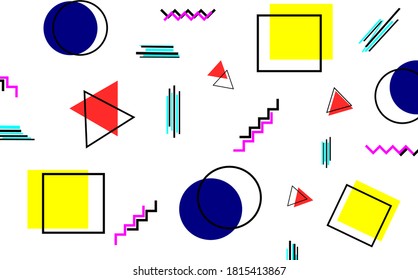 Geometric memphis design vector figures set, seamless abstract minimalist cover. Various shapes set, yellow, blue, red and black memphis style creative graphic art designs