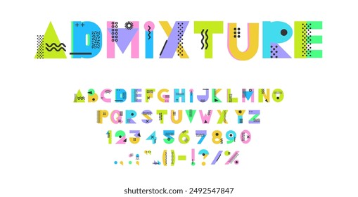 Fuente geométrica de memphis, letras y números del alfabeto inglés, conjunto de tipografía de Vector. Color creativo abc caracteres tipo de letra con patrón de arte pop retro. Fuente Memphis con Formas geométricas, puntos, líneas