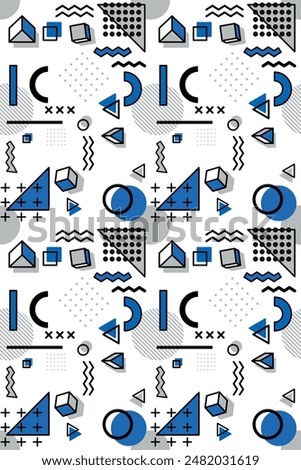 Geometric Memphis pattern. Seamless blue and white stylish pattern of triangles, circles, zig-zags.
