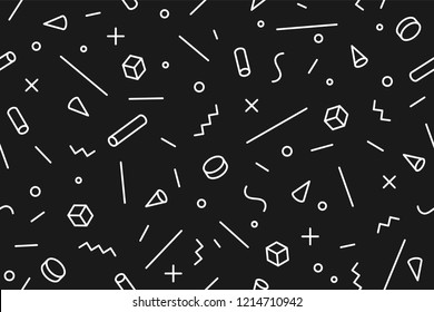 Geometric memphis pattern. Seamless graphic pattern 80s-90s trendy styles, black background. Black white pattern with different shapes objects for wrapping paper, background. Vector illustration