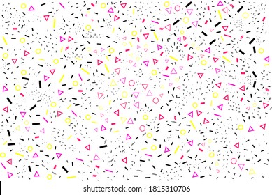 Geometric memphis pattern seamless vector design. Abstract funky geometric figure set on white empty backdrop. Minimalist yellow, black and purple shapes irregular pattern, simple graphic design