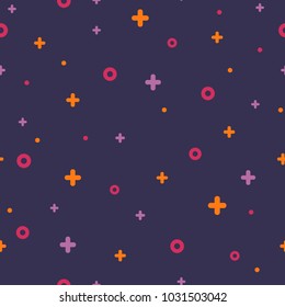 Geometric memphis retro seamless pattern 80s - 90s style. Modern space texture with rare color funky shapes on violet background. Vector illustration in memphis pop art style for modern fabric pattern