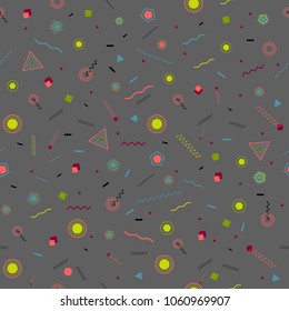 Geometric memphis retro seamless pattern 80s - 90s style. Trendy pastel abstract texture with soft color funky shapes on gray background. Vector illustration in memphis art style for modern graphic