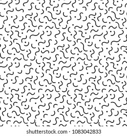 Geometric memphis retro seamless pattern 80s - 90s style. Trendy minimal texture with black wavy line and dot on white background. Vector illustration in neo memphis art style for fashion fabric print