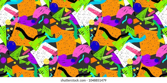 Geometric memphis seamless  pattern in retro style. Doodle pattern hand-drawn pen, ink, chalk. 