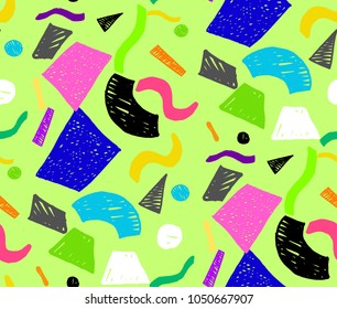 Geometric memphis seamless  pattern in retro style. Doodle pattern hand-drawn pen, ink, chalk. 