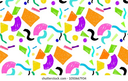 Geometric memphis seamless  pattern in retro style. Doodle pattern hand-drawn pen, ink, chalk. 