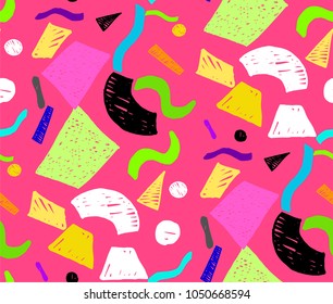 Geometric memphis seamless  pattern in retro style. Doodle pattern hand-drawn pen, ink, chalk. 