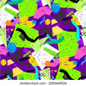 Geometric memphis seamless  pattern in retro style. Doodle pattern hand-drawn pen, ink, chalk. 