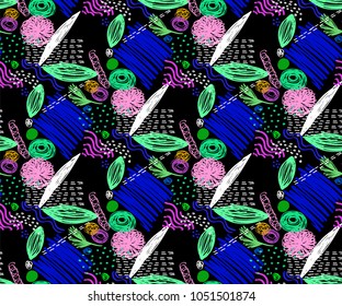 Geometric memphis seamless  pattern in retro style. Doodle pattern hand-drawn pen, ink, chalk. 