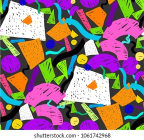 Geometric memphis seamless  pattern in retro style. Doodle pattern hand-drawn pen, ink, chalk. 