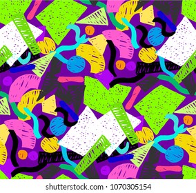 Geometric memphis seamless  pattern in retro style. Doodle pattern hand-drawn pen, ink, chalk. 
