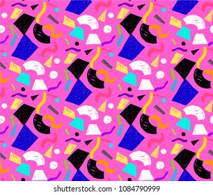 Geometric memphis seamless  pattern in retro style. Doodle pattern hand-drawn pen, ink, chalk. 