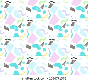 Geometric memphis seamless  pattern in retro style. Doodle pattern hand-drawn pen, ink, chalk. 