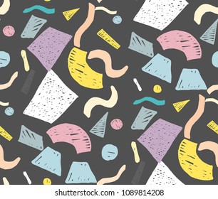 Geometric memphis seamless  pattern in retro style. Doodle pattern hand-drawn pen, ink, chalk. 