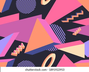 Geometric memphis seamless pattern in style of the 80s. Modern trendy background with 3d objects, virtual reality for promotional products, wrapping paper and printing. Vector illustration