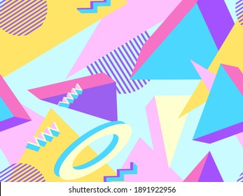 Geometric memphis seamless pattern in style of the 80s. Modern trendy background with 3d objects, virtual reality for promotional products, wrapping paper and printing. Vector illustration