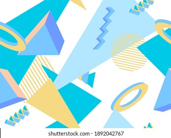Geometric memphis seamless pattern in style of the 80s. Modern trendy background with 3d objects, virtual reality for promotional products, wrapping paper and printing. Vector illustration