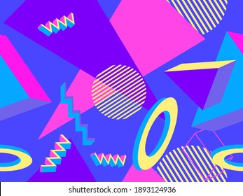 Geometric memphis seamless pattern in style of the 80s. Modern trendy background with 3d objects, virtual reality for promotional products, wrapping paper and printing. Vector illustration