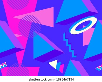 Geometric memphis seamless pattern in style of the 80s. Modern trendy background with 3d objects, virtual reality for promotional products, wrapping paper and printing. Vector illustration