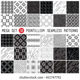 Geometric memphis seamless patterns in set for fashion and wallpaper. Universal black and white decorative background in pointillism style