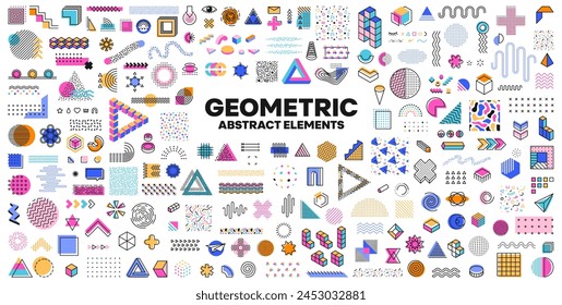 Las Formas geométricas de Memphis, un conjunto de Elementos de Vector aislado, presentan patrones y adornos vibrantes y abstractos, inspirados en el diseño de los años 80, caracterizado por colores llamativos, ángulos nítidos y composiciones juguetonas