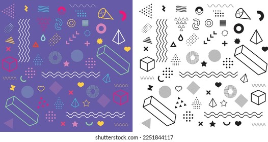 Formas de memphis geométricas, conjunto de elementos surrealistas. Símbolos vectoriales abstractos y signos en un estilo plano a la moda. Activos vectores decorativos para la plantilla de afiches, folletos, ropa, medios sociales y diseño gráfico