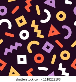 Geometric memphis style pattern from simple forms. On purple background