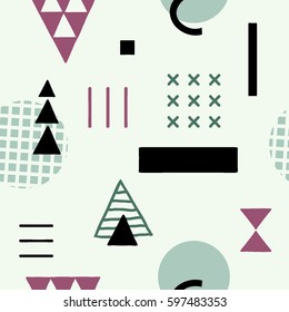 Geometric memphis style seamless pattern with abstract shapes. Modern minimalistic background. Simple hipster texture for textile. fabric, paper. 80s, 90s flat and line design elements