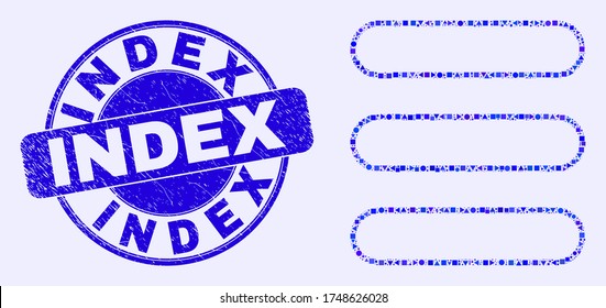Geometric menu list mosaic pictogram and Index seal. Blue vector round textured stamp with Index message. Abstract collage of menu list designed of round, triangles, square geometric elements.
