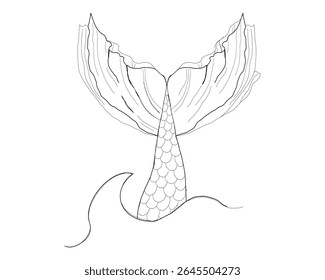 Silhueta de cauda de sereia geométrica em estilo de tatuagem de linha fina. Ícone minimalista do oceano com sensação subaquática e conto de fadas. Design vetorial para temas de arte ou mitologia da pele