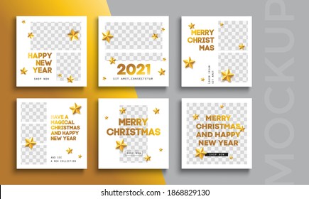 Geometric Merry Christmas and New Year banner editable template. Set of social media advertising for shopping, sale, product promotion.