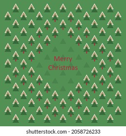 Geometric Merry Christmas Postcard with small Christmas trees with snow covered tops. Festive holiday vector design for greeting cards, posters, seasonal bags and gift boxes. 