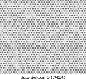 Geometric mesh background. Hexagon mosaic cells with padding and inner solid cells. Grey color tones. Regular hexagon shapes. Tileable pattern. Seamless vector illustration.