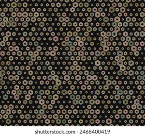 Geometric mesh background. Multicolored geometric elements of varied size. Stacked hexagon bold mosaic cell. Hexagon shapes. Tileable pattern. Seamless vector illustration.