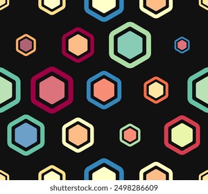 Geometric mesh background. Multicolored geometric elements of varied size. Bold rounded hexagon cells with padding and inner solid cells. Large hexagons. Tileable pattern.