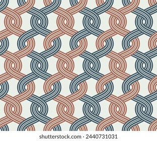 Geometrisches Mesh mit wellenförmigen Interlaced-Streifen-Linien in Blau und Orange auf weißem Hintergrund. Abstrakter Hintergrund. Traditionelles Design. Nahtlos wiederholtes Muster.