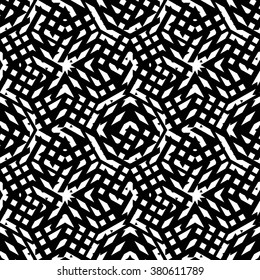 Geometric messy lined seamless pattern, black vector endless background. Decorative net splicing motif texture.