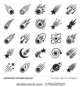 Geometric meteor icon set representing space motion and celestial phenomena with celestial asteroid abstract universe astronomy movement illustration collection exploration direction