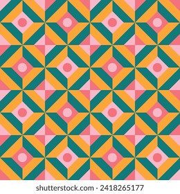 Geometric mid century seamless pattern design in bright colors green, yellow, and pink vector