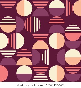 Geometric mid-century modern style vector seamless pattern - retro 60's and 70's minimal textile and fabric print design with circles in pink and purple. 
Abstract repetitive funky background.