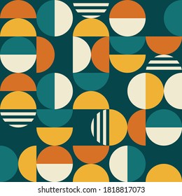Geometric mid-century modern vector seamless pattern - 60's and 70's minimalist textile design with circles . Retro style repetitive background, funky wallpaper or poster in orange and turquoise