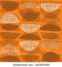 Geometric mid-century style orange textured rapport. Atomic age 50s vibes simple seamless pattern. Abstract rounded geometry repeatable motif for fabric, textile, wrap, surface, web and print design