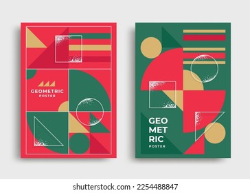 Geometric minimal artwork with squares and triangles composition. Abstract cover in red and green colors Bauhaus style.