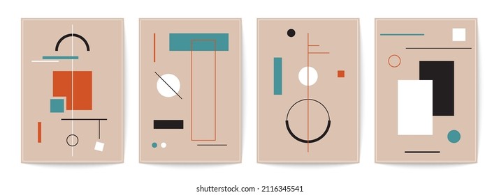 Geometric minimal background set. Primitive geometry figures, modern posters suprematism bauhaus style. Vector illustration