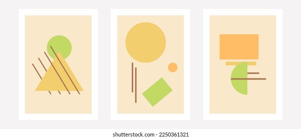 Geringfügiger geometrischer Hintergrundsatz. Einfache, primitive Figuren, moderne Plakate überzeugen durch den Bauhausstil. Set von kreativen minimalistischen Illustrationen für die Wanddekoration, die Postkarte oder die Broschüre.
